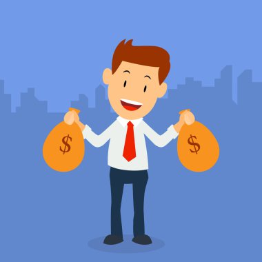 Holding para çantasını dolar işareti olan, iş ve endüstriyel kavramı için düz tasarım iş adamı. Vektör çizim.