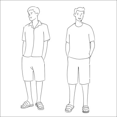 Yaz moda stil için ayakta, şirket meslektaşları ile kendine güvenen ifade ayağa. Elle çizilmiş vectior illüstrasyon