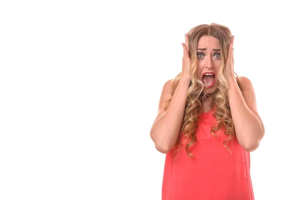 Horrified Young Woman Clutching Her Head Both Hands She Stares — Stock Photo, Image