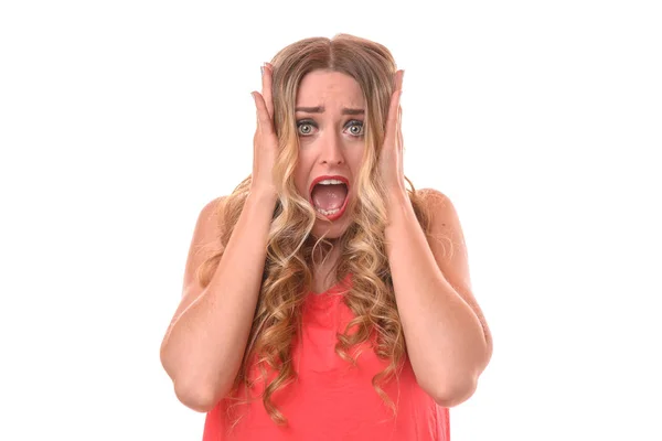 Horrified Young Woman Clutching Her Head Both Hands She Stares — Stock Photo, Image