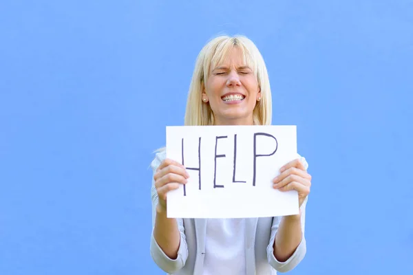Stressed Woman Holding Help Sign Her Hands She Gnashes Her — Stock Photo, Image