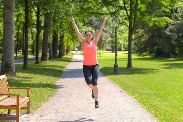 Happy Fit Middle Aged Woman Cheering Celebrating She Walks Rural — Stock Photo, Image