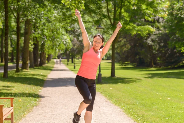Happy Fit Middle Aged Woman Cheering Celebrating She Walks Rural — Stock Photo, Image