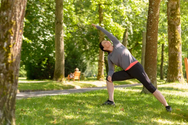 Fit Sporty Mature Woman Doing Yoga Exercises Park One Arm — Stock Photo, Image