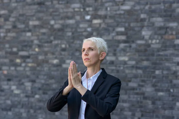 Praying Woman Folded Hands Looking Heaven — Stock Photo, Image