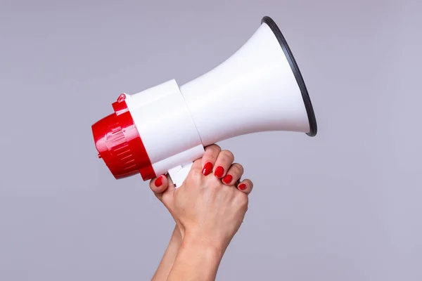 Woman Holding Loud Hailer Bullhorn Megaphone She Prepares Stage Protest — Stock Photo, Image