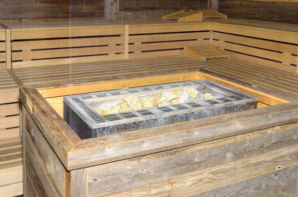 Chauffe Sauna Électrique Gros Plan Dans Une Boîte Bois Avec — Photo