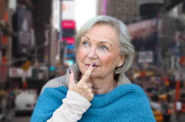 Thoughtful Stylish Senior Woman Looking Air Her Finger Her Lips — Stock Photo, Image