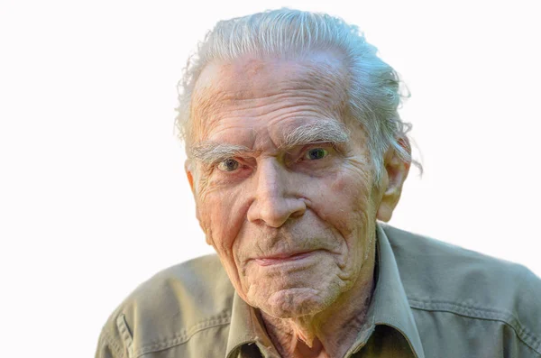 Close Head Shoulders Distinguished Elderly Man Looking Camera Quiet Smile — Stock Photo, Image
