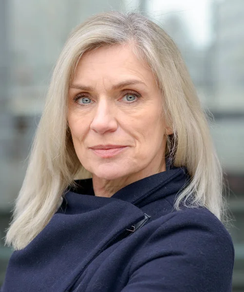 Serious Thoughtful Middle Aged Professional Woman Staring Camera Pensive Expression — Stock Photo, Image