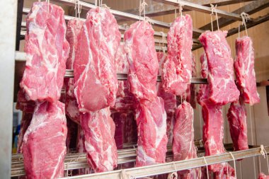 Domuz eti. Füme lezzetleri üretim hattı. Sosis ürünleri sanayi imalatı. Smokehouse et ürünleri.