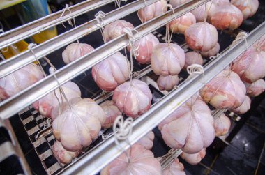 Tavuk. Füme lezzetleri üretim hattı. Sosis ürünleri sanayi imalatı. Smokehouse et ürünleri.
