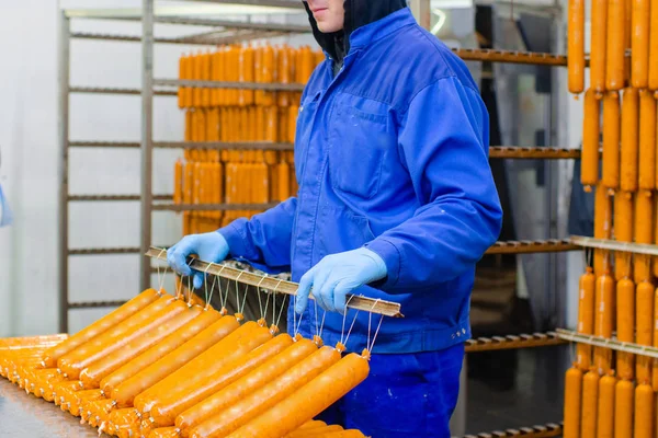 Sausage. Sausage production line. Process of sausage manufacturing. Industrial manufacturing of sausages. Meat shop.