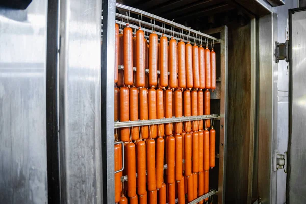 Sosis. Füme lezzetleri üretim hattı. Sosis ürünleri sanayi imalatı. Smokehouse et ürünleri.