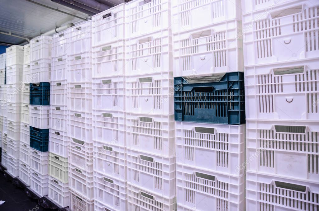 Plastic white boxes. Containers for transportation of food products.
