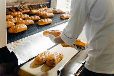Elleri ekmek dolu fırının arka planında bir fırın vardı. Otomatik ekmek yapma hattı