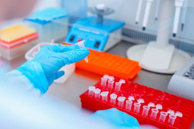 Laboratuvarda DNA testi. Elinde şeker kutusuyla laboratuvar teknisyeni steril bir laboratuvarda cam arkasında DNA analizi yapıyor..