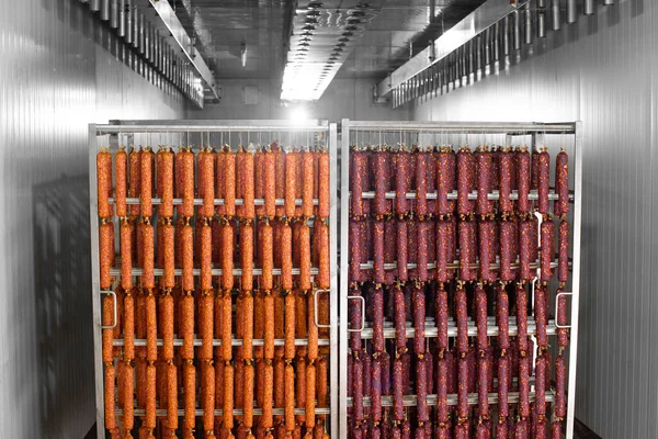 Kurutulmuş sosis duman evindeki metal çerçevede ipte sallanıyor. Moskova sosisi. Braungschwei sosisi. Kurkhan.