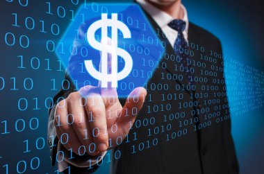 Dolar. Takım elbiseli ve kravatlı adam sanal ekranda işaret parmağıyla dolara tıklıyor. Değişim. Sanal çokluortam görüntüsü.