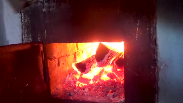 La leña arde en el horno del hogar — Vídeos de Stock
