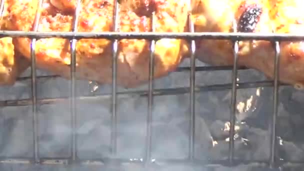 Pezzi di pollo cotti in fumo — Video Stock