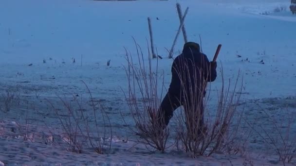 Un hombre con un palo cavando en la nieve — Vídeos de Stock