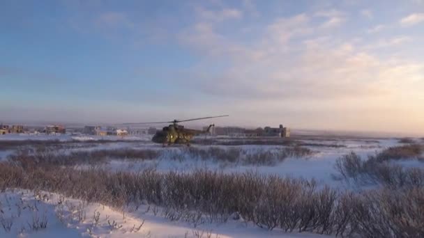 Helicopter in an abandoned city — Stock Video