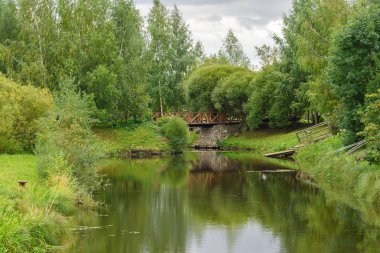 Gölün kıyısında sakin hava ağaçlarda sonbahar çevrilidir.