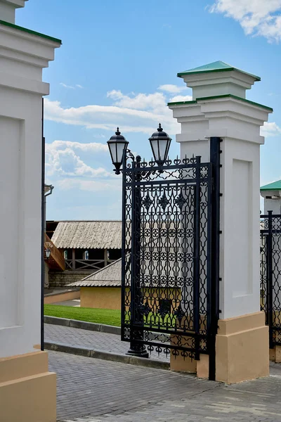 Beautiful forged gate in the Kazan Kremlin. Antique decorative gates handmade.