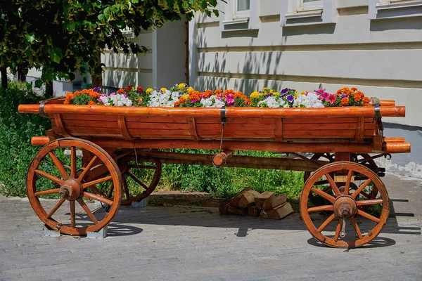 Dekorativer Holzwagen Mit Blumen Straßendekoration Ein Wagen Mit Blumen — Stockfoto