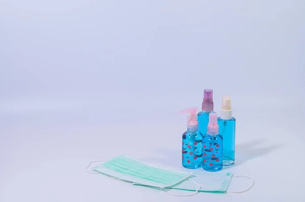 Sanitary Mask Alcohol Gel Wash Hands Prevent Coronavirus Covic Pathogens — Stock Photo, Image