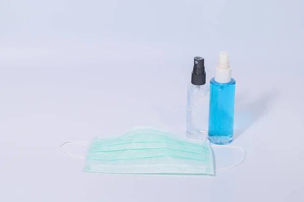 Máscara Sanitária Com Álcool Gel Para Lavar Mãos Prevenir Coronavírus — Fotografia de Stock