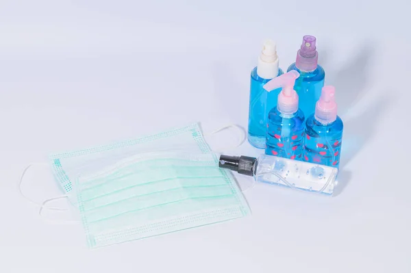 Máscara Sanitária Com Álcool Gel Para Lavar Mãos Prevenir Coronavírus — Fotografia de Stock