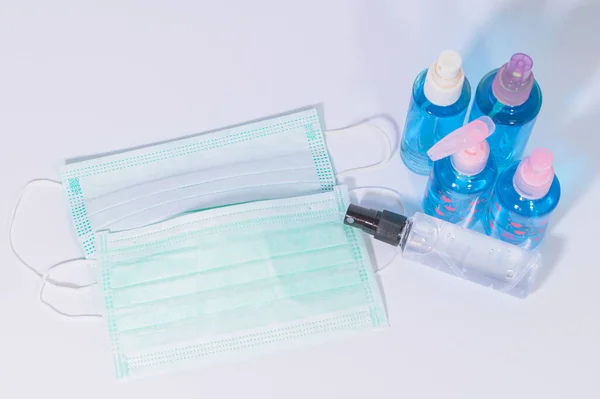 Hygienemaske Mit Alkohol Gel Zum Händewaschen Verhindert Coronavirus Oder Covic — Stockfoto