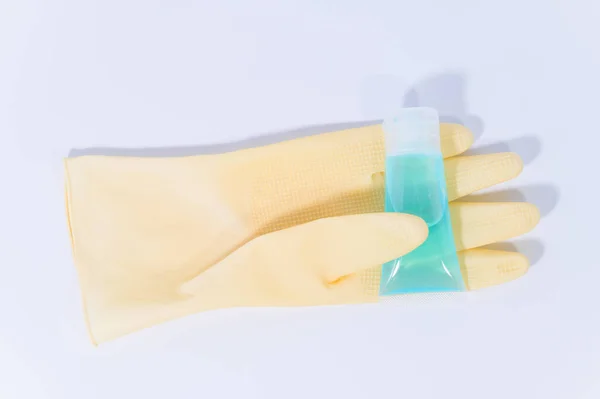Sanitary Gloves Alcohol Gel White Background — Stock Photo, Image
