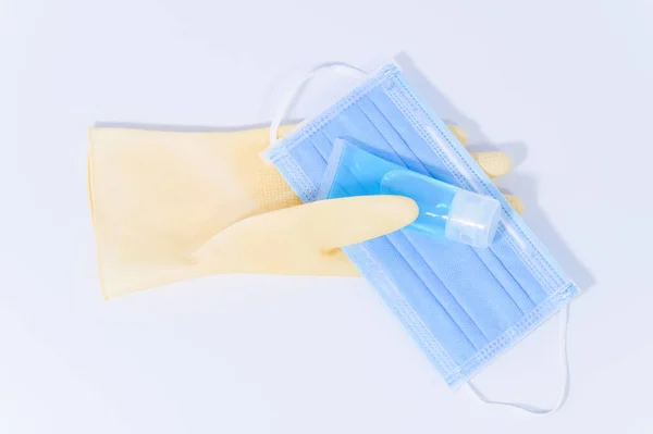 Sanitary Gloves Mask Alcohol Gel White Background — Stock Photo, Image