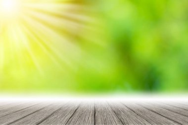 Wooden Floor Scene Background Green Bokeh With Sun Light