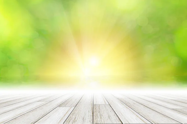 Wooden Floor Scene Background Green Bokeh With Sun Light