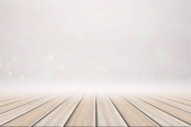 Beyaz ahşap zemin pembe ve beyaz bokeh arka plan