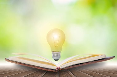 Açık kitap ve ampuller ahşap zemine yerleştirilmiş yeşil bokeh arka planına karşı