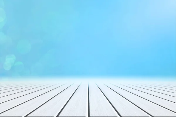 White Wood Floor Blue Bokeh Background — Stock Photo, Image