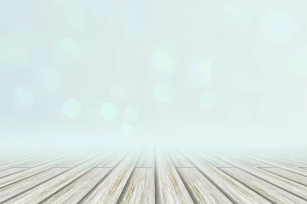 White Wood Floor Blue Bokeh Background — Stock Photo, Image