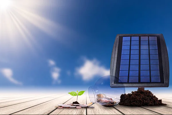 Moedas Tecnologia Economia Energia Células Solares Usa Energia Luz Sol — Fotografia de Stock