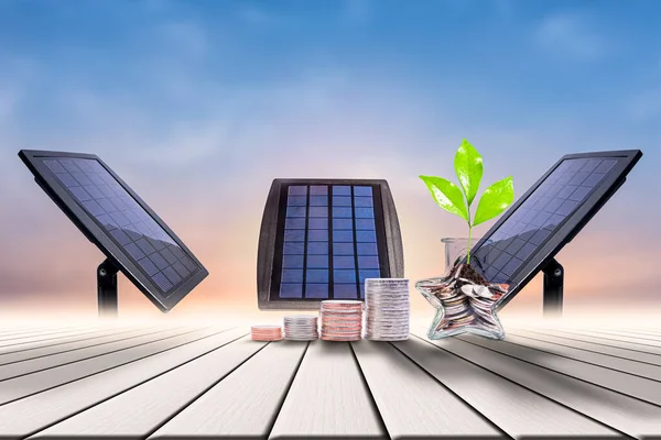 Monete Celle Solari Tecnologia Delle Monete Risparmio Energetico Utilizza Energia — Foto Stock