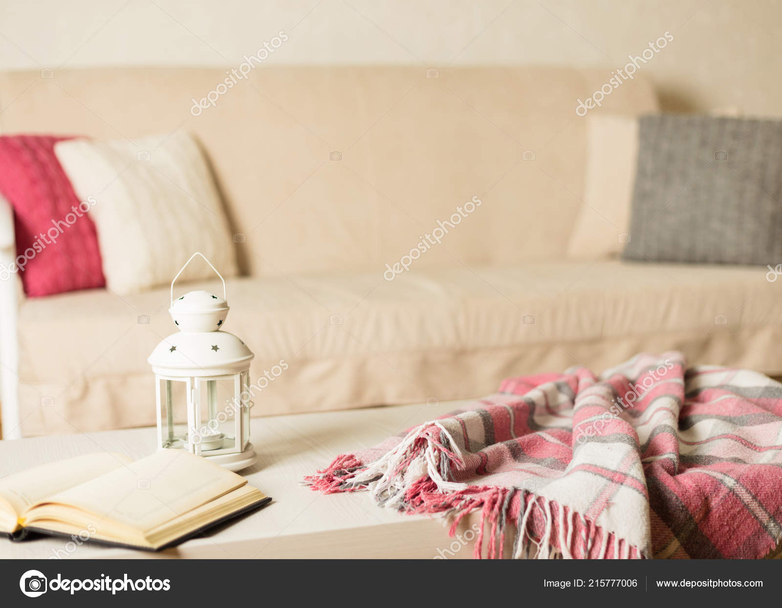Beige Sofa Plaid Colorful Pillows Pink Grey White Books