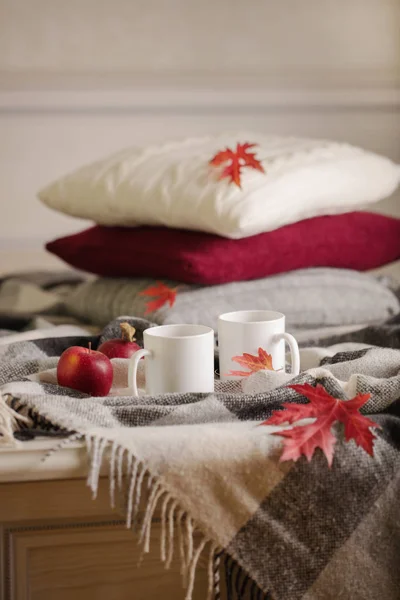 Home comfort and warmth in the autumn time. Gray plaid, knitted pillows, tea and autumn red maple leaves. Selective focus.