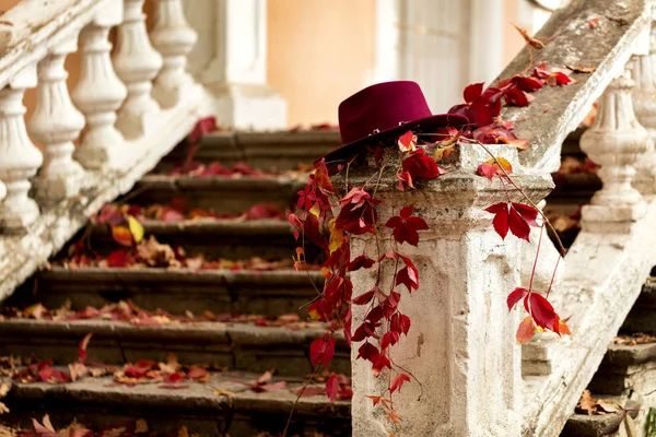 Autumn leaf fall. Red and yellow leaves on the destroyed old stone steps burgundy (marsala color) hat. Blur effect.