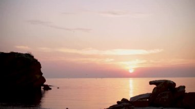 Güzel pembe günbatımı (gündoğumu) denizde martılar uçan tam sakin. Seçici odak.