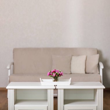 Bej kanepe yastık salon ve çiçekli vazo ile