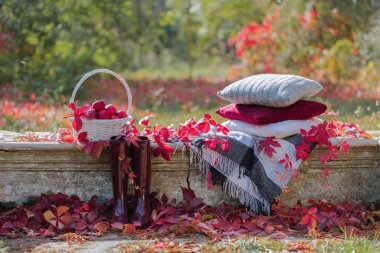 Sonbahar Bahçesi. Taş bankta bir battaniye, yastık, bir